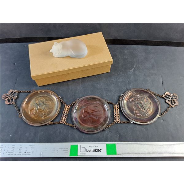 Vintage Copper Wild Animal Themed Wall Art Plaques & Fine Crystal Cat Ornament