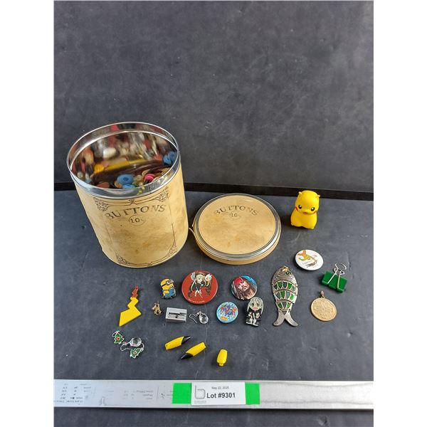 Vintage Tin of Vintage Buttons, Pins, Shirt Pins, Earrings, Misc