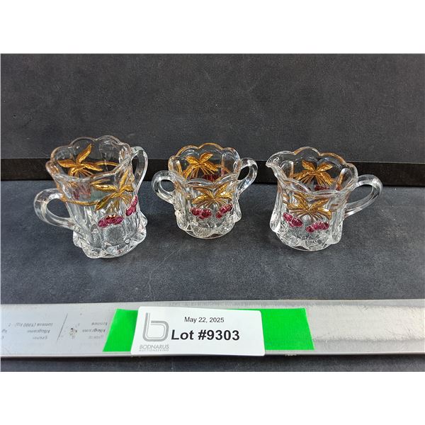 Antique Miniature Pressed Glass Cream & Sugar Set & Cup w/Burgundy Cherry Design
