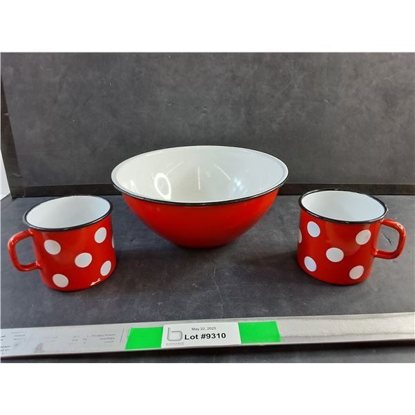 (2) Vintage Red EnamelPolka Dot Pattern Mugs and 9" Mixing Bowl