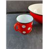 Image 3 : (2) Vintage Red EnamelPolka Dot Pattern Mugs and 9" Mixing Bowl