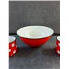 Image 4 : (2) Vintage Red EnamelPolka Dot Pattern Mugs and 9" Mixing Bowl