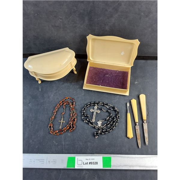 (2) Rosaries & French Ivory Lot: Jewelry Box, Manicure Tools