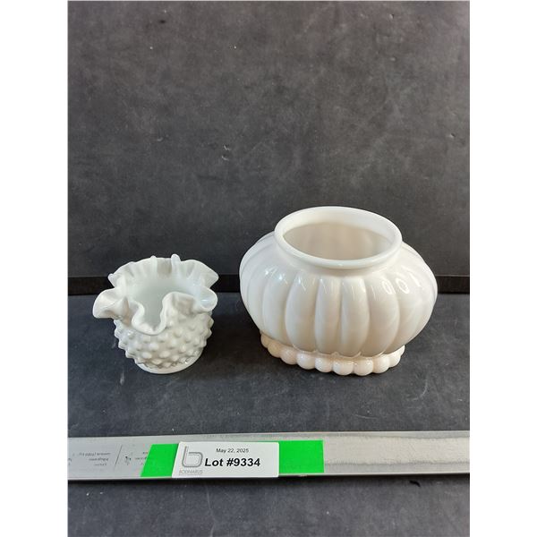 (2) Vintage Milk Glass Vases - Fenton Hobnail & Ribbed Oval Floral Vase