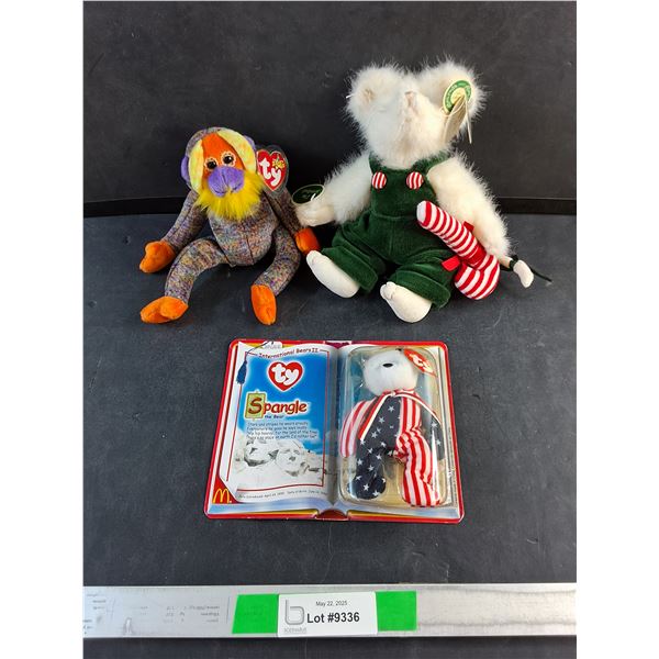 (3) Retro TY Plush Toys & Monkey & Spangle Tiny Bear - NIB