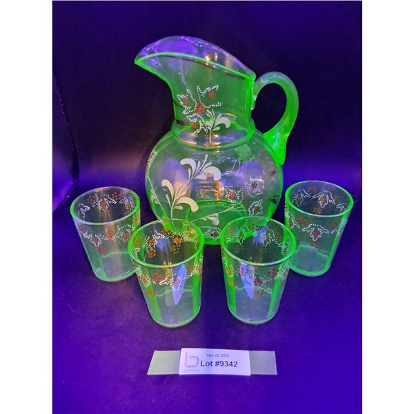 Uranium Glass Pitcher and (4) Glasses