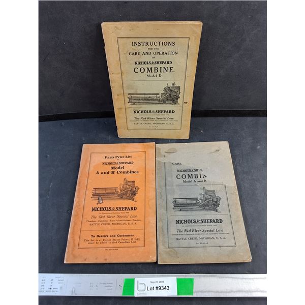 (3) Vintage Nicholas & Shepard Parts Price Lists and Owners Manuals