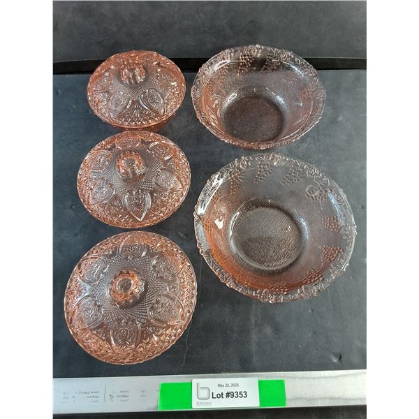 (2) Pink Glass Bowls and (3) Pink Glass Candy Dishes with Lid