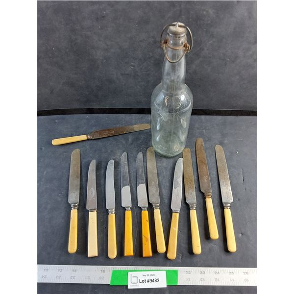 Bakelite Table Knives and Vintage Bottle