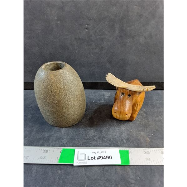 Stone Flower Vase and Moose Ornament