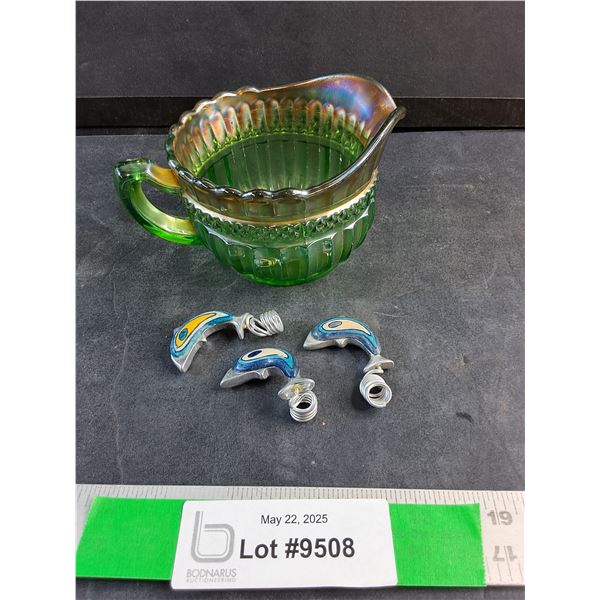 Carnival Glass Sugar Bowl and Dolphin Ornaments