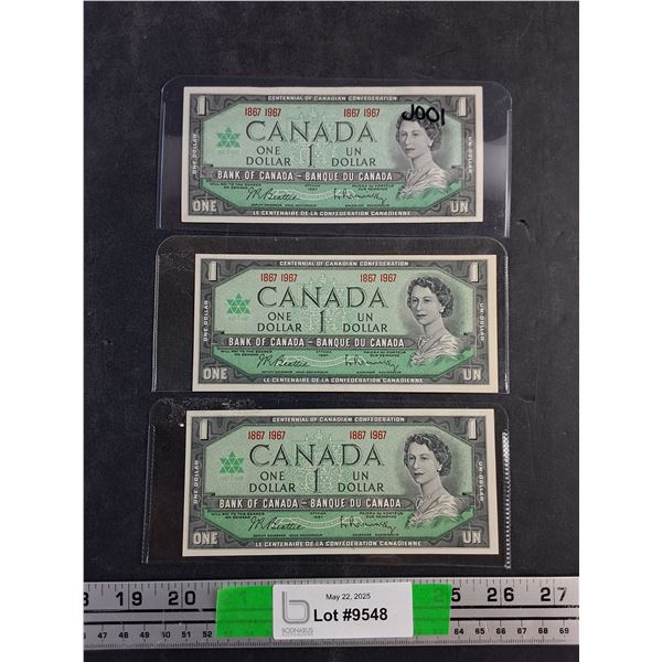(3) 1967 Beattie/Rasminsky Centennial Canadian Dollar Bills
