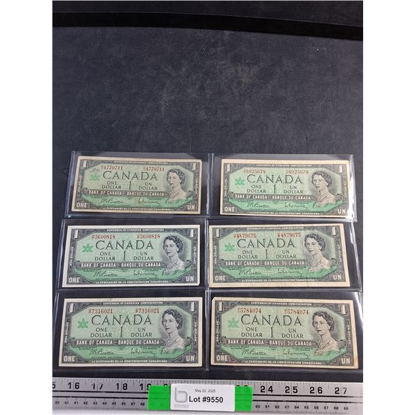 (6) 1967 Beattie/Rasminsky Centennial Canadian Dollar Bills