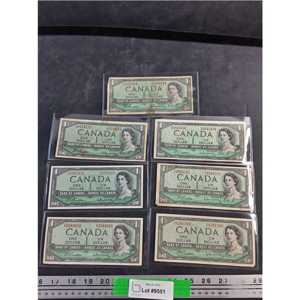 (7) 1954 Beattie/Rasminsky Centennial Canadian Dollar Bills