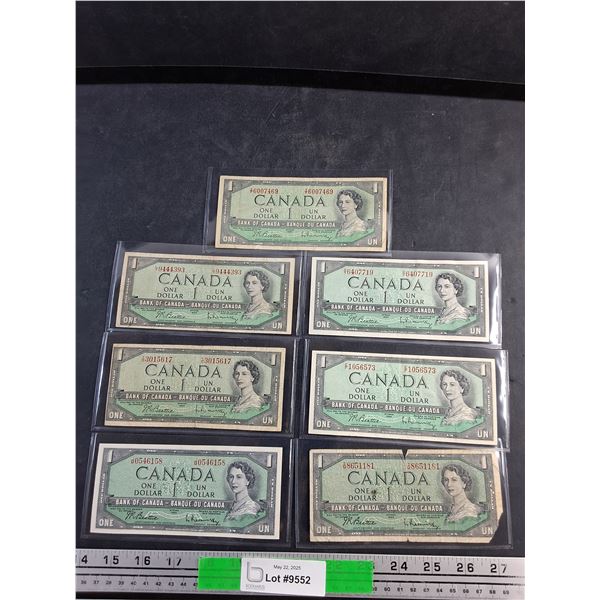 (7) 1954 Beattie/Rasminsky Centennial Canadian Dollar Bills