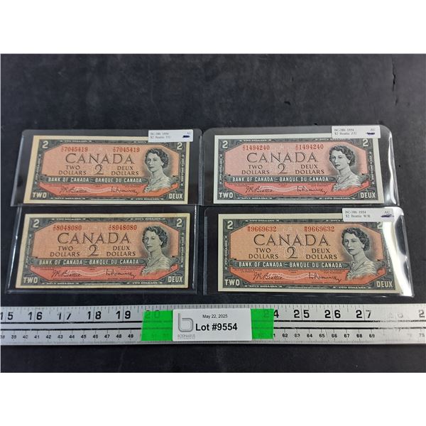 (4) 1954 Beattie/Rasminsky Centennial Canadian 2 Dollar Bills