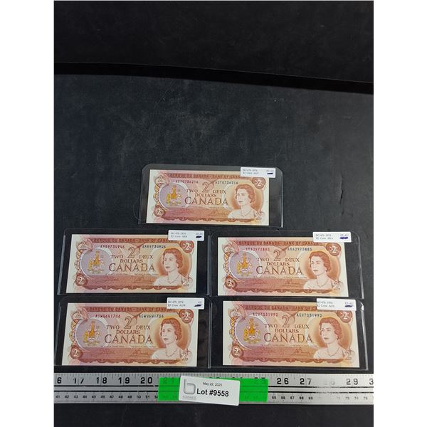 (5) 1974 Bouey/Crow Centennial Canadian 2 Dollar Bills