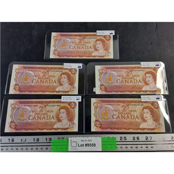 (5) 1974 Bouey/Crow Centennial Canadian 2 Dollar Bills