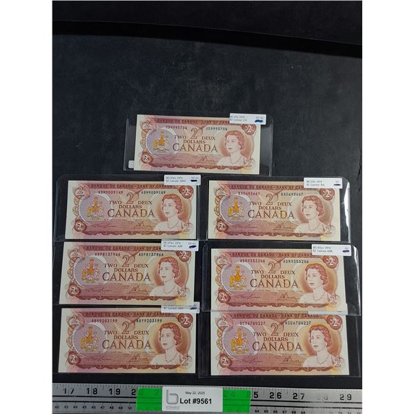 (7) 1974 Bouey/Lawson Centennial Canadian 2 Dollar Bills