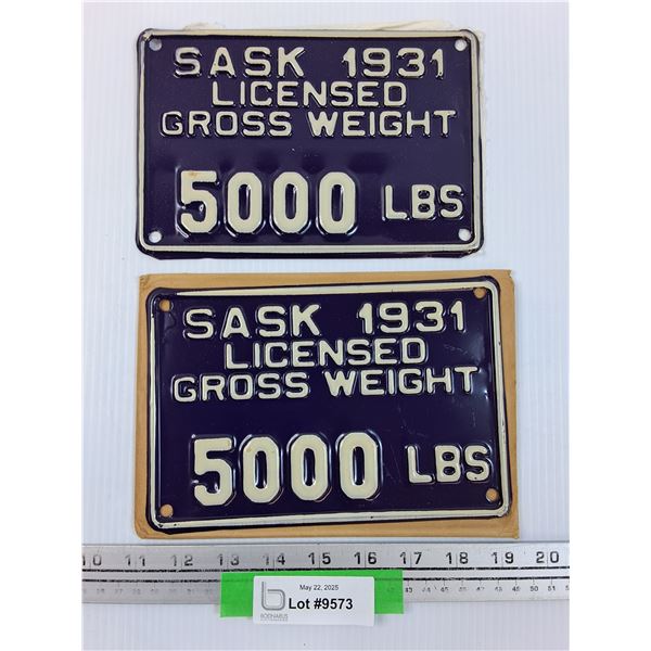 (2) License Plates Pair: Saskatchewan Truck Weight Plates - 1931