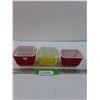 Image 1 : (3) PYREX Vintage Red & Yellow Refrigerator Dish w/ Two Lids - 4.5" x 3.5"