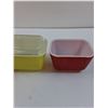 Image 2 : (3) PYREX Vintage Red & Yellow Refrigerator Dish w/ Two Lids - 4.5" x 3.5"