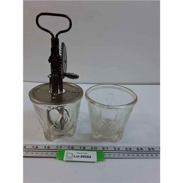 (2) Vintage Glass Measuring Cups w/Whisk Mixer Adapter