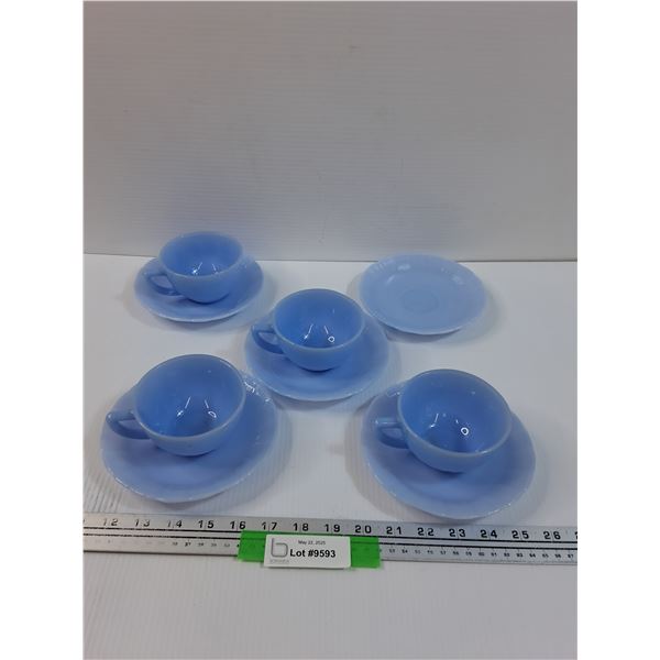 PYREX Blue Delphite Tea Cup Set: (4) Cups & (5) Saucers