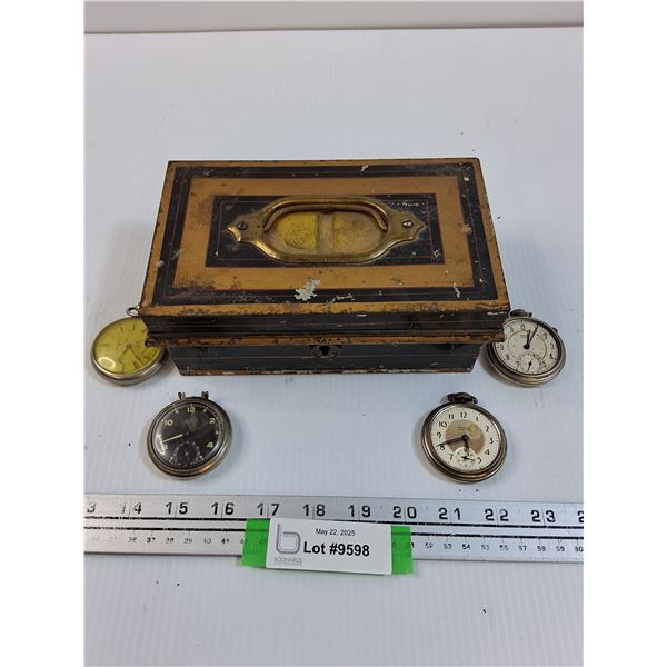 Vintage Metal Cash Box & (4) Pocket Watches (As Is, Some Wear)
