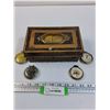 Image 1 : Vintage Metal Cash Box & (4) Pocket Watches (As Is, Some Wear)