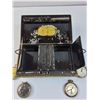 Image 5 : Vintage Metal Cash Box & (4) Pocket Watches (As Is, Some Wear)