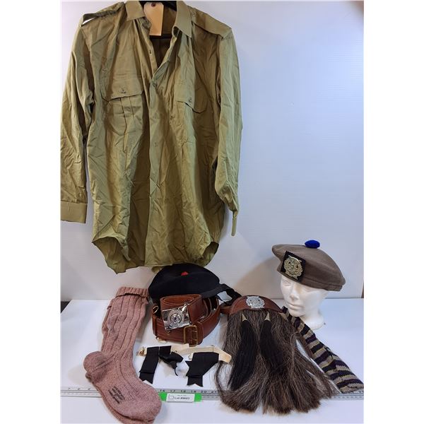 The Toronto Scottish Regiment Lot: (2) Hats, Sporn, Belt, Socks, Shirt, Misc