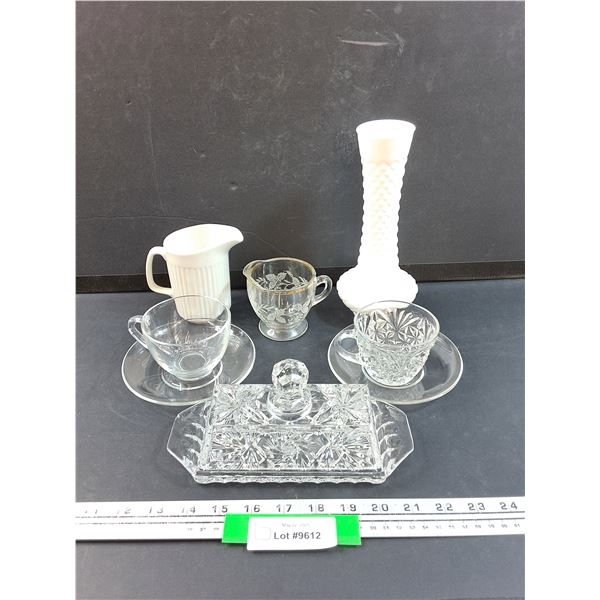 Crystal Butter Dish (Has Chip), Milk Glass Vase, Sugar & Creamer Set, Tea Cup Set