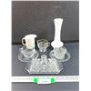 Image 1 : Crystal Butter Dish (Has Chip), Milk Glass Vase, Sugar & Creamer Set, Tea Cup Set