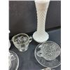 Image 4 : Crystal Butter Dish (Has Chip), Milk Glass Vase, Sugar & Creamer Set, Tea Cup Set