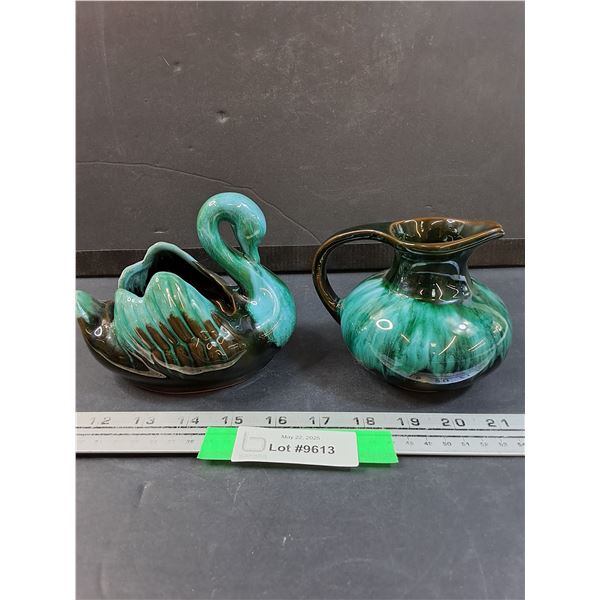 (2) Blue Mountain Pottery Vases: Swan & Pitcher