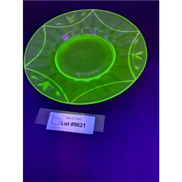 Uranium Glass Etched Floral Pattern Plate - 8" Diameter
