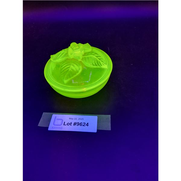 Boyd Uranium Vaseline Floral Glass Trinket Dish w/Lid - 4" x 2.5"