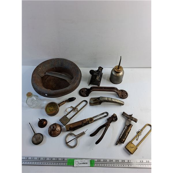Vintage Paper Punch, Oil Cans. Locks, Handle, Musical Harp, Compression Tester and Misc