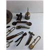 Image 3 : Vintage Paper Punch, Oil Cans. Locks, Handle, Musical Harp, Compression Tester and Misc