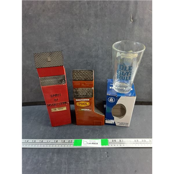 Spirit of Saskatchewan and Pool  Fine Canadian Rye Whisky Bottles and 16oz Pint Glass