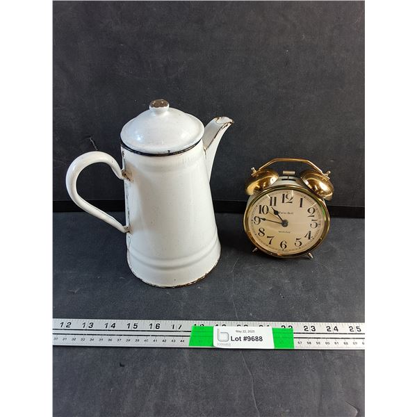 Enamel Coffee Pot and Westclox Twin Bell Clock