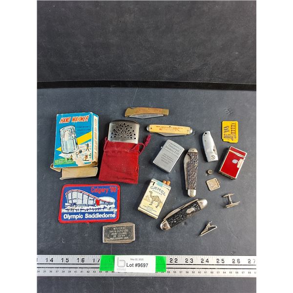 Hand Warmer, Various Lighters, Folding Knives and Calgary 88 Olympic Patch