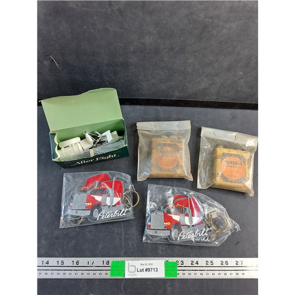 Truck Key Chains, (2) Minerva Radio Batteries and Model Assembly Kit