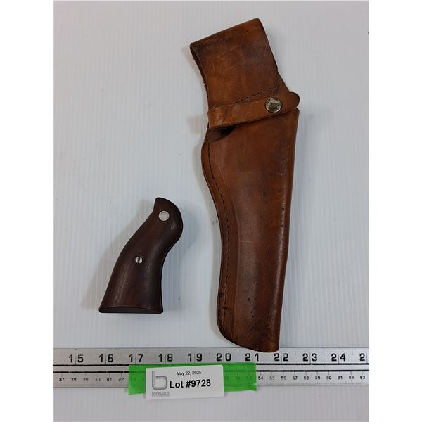 Leather Gun Holster (12" Long) & Wooden Pistol Grip