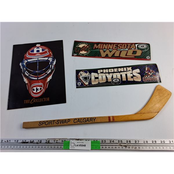 Minnesota Wild & Phoenix Coyotes Stickers, Sport Swap Calgary Miniature Hockey Stick & Hockey Book