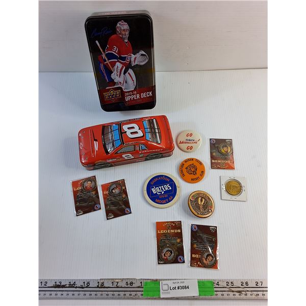 Upper Deck Tin Box, Nascar Tin Box, Saskatoon Blazers Coaster and NHL Medallions