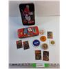 Image 1 : Upper Deck Tin Box, Nascar Tin Box, Saskatoon Blazers Coaster and NHL Medallions