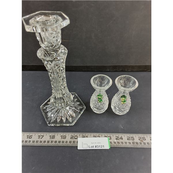 9" Tall Glass Candle Holder & Pair of Short Crystal Candle Holders