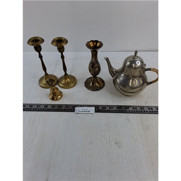 Vintage Brass Candle Holders & Dinner Bell, Silver Plated Vase, Pewter Tea Pot